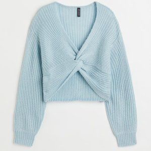 H & M LIGHT BLUE CROPPED KNOT FRONT KNIT SWEATER
